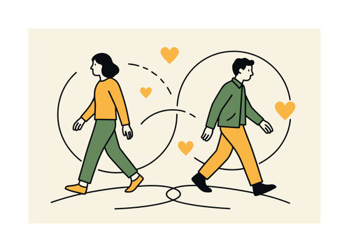 Evolving Bonds. Friendships and life transitions ? growing apart and reconnecting. Two figures walk in opposite directions, their paths looping back to meet;