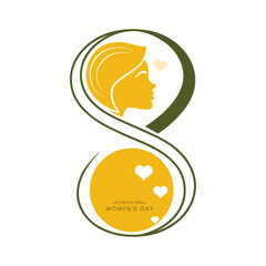 International Womens Day Number Eight with Yellow Woman Profile and Hearts