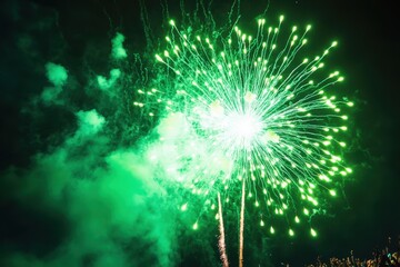 Colorful green fireworks illuminate the night sky during a festive celebration