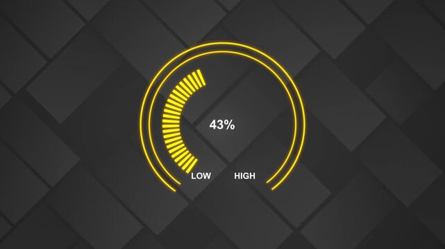 Digital gauge meter animation move from high overload to safe low levels, presentation template from 100 to 0 percent.