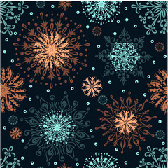 Hand Drawn Mandala Snowflake Seamless Pattern, Ethnic Style Christmas Background. Vector illustration