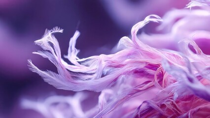 Close-up of delicate pink feathers with wispy strands against a purple background. Concept Close-up Feathers, Delicate Pink Textures, Wispy Strands, Purple Background, Soft Lighting