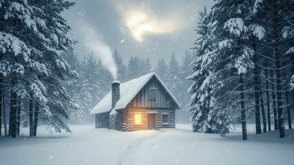 A cozy wooden cottage and an old church stand nestled in a snowy mountain forest under a winter sky, creating a peaceful rural landscape of white trees and traditional timber buildings