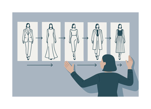 Fashion Show Planning. Runway lineup planning. The designer arranges outfit sketches in sequence, arrows showing flow and movement for the final