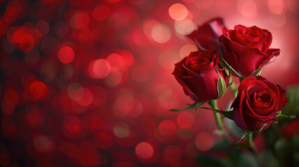 red roses, the symbol of love and romance with bokeh background for Valentine card wallpaper banner.