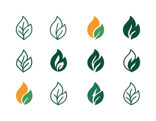Fototapeta premium Renewable Energy Icons. Renewable energy adoption. Icon set. Set Logo of renewable energy adoption: biomass leaf flame. harmonious logo variations of the same