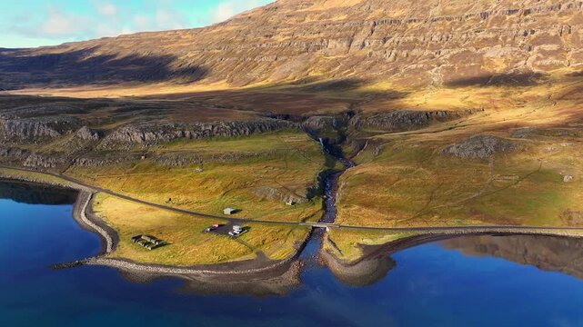 Aerial view of the Vestdalsfossar falls at Seydisfjordur fjord - Iceland