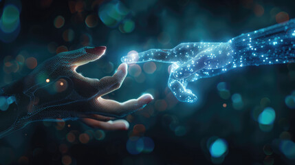  futuristic technology concept, human and artificial intelligence collaboration, transparent holographic interface floating between human hand and digital AI core.