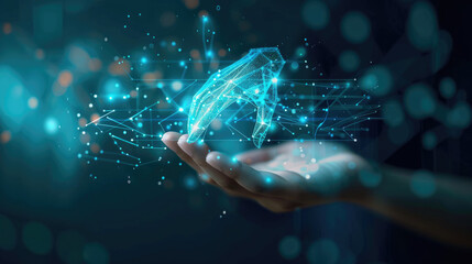  futuristic technology concept, human and artificial intelligence collaboration, transparent holographic interface floating between human hand and digital AI core.