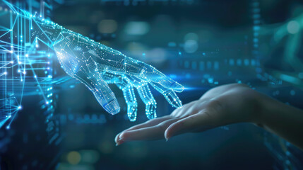 futuristic technology concept, human and artificial intelligence collaboration, transparent holographic interface floating between human hand and digital AI core.