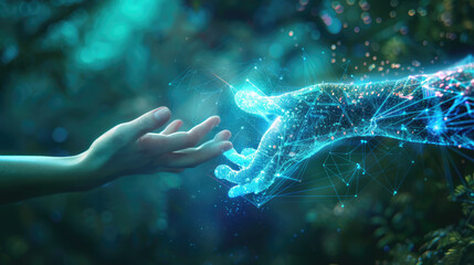  futuristic technology concept, human and artificial intelligence collaboration, transparent holographic interface floating between human hand and digital AI core.
