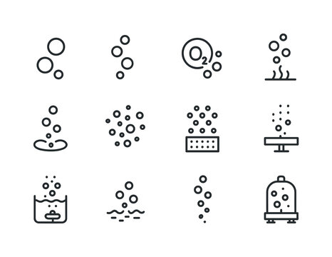 Gas Icon Set. Gases. Line icon set of Gases: air bubble icon, rising bubble, dissolved oxygen icon, underwater gas release, cavitation symbol, microbubble