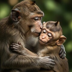 Affectionate Monkey Mother Hugging Her Baby in a Tender Embrace.