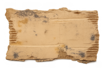 Torn piece of weathered corrugated cardboard with dirty brown textured surface as a rustic design element on transparent background