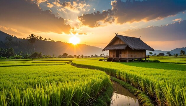Sunset over a serene rice field with a traditional hut in a rural landscape