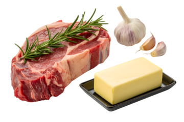 Raw steak with rosemary, garlic and butter on black plate . Isolated on transparent background, png