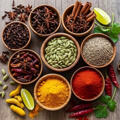 Assortment of aromatic spices in wooden bowls on a wooden surface.