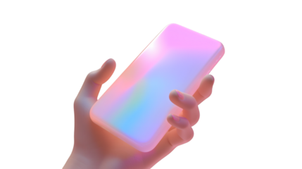 Hand holding a smartphone 3D render icon on a white background isolated
