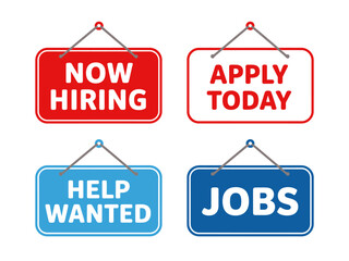 Collection of vibrant job recruitment signs signaling opportunities and available positions