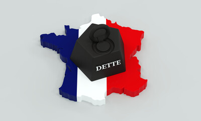 poids de la dette Fran&ccedil;aise, illustration repr&eacute;sentant un poids pos&eacute; sur la carte de France - rendu 3D