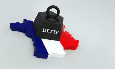 poids de la dette Fran&ccedil;aise, illustration repr&eacute;sentant un poids pos&eacute; sur la carte de France - rendu 3D