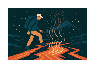 Fototapeta premium Trek Near Lava Fissures. Volcano trek. Hiker stepping near glowing lava fissures; heat waves rising in curved strokes. Ash particles drifting around. Modern