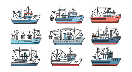 Colorful illustration depicting various types of fishing boats and marine vessels