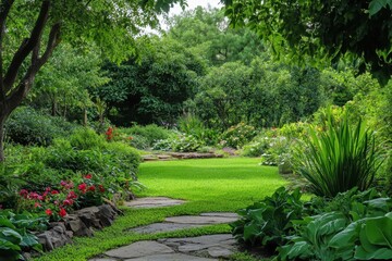 Naklejka premium Lush garden pathway leads to vibrant floral display in a serene green space