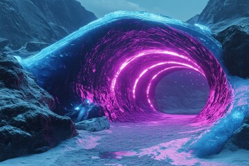 Illuminated ice tunnel showcases vibrant colors in a surreal landscape at twilight