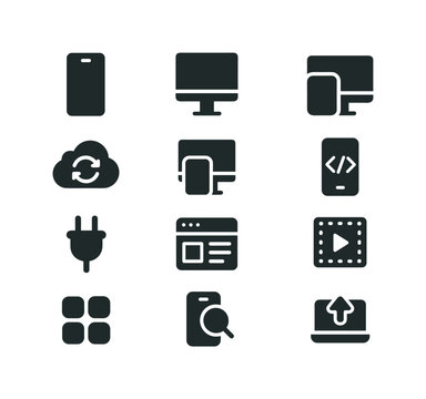 Cross-Platform Icon Set. Cross-platform apps. Solid icon set of cross-platform apps: mobile device, desktop, tablet, cloud sync, responsive layout, code