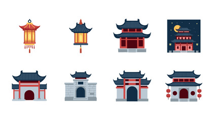 Traditional asian architecture and lanterns collection in flat design