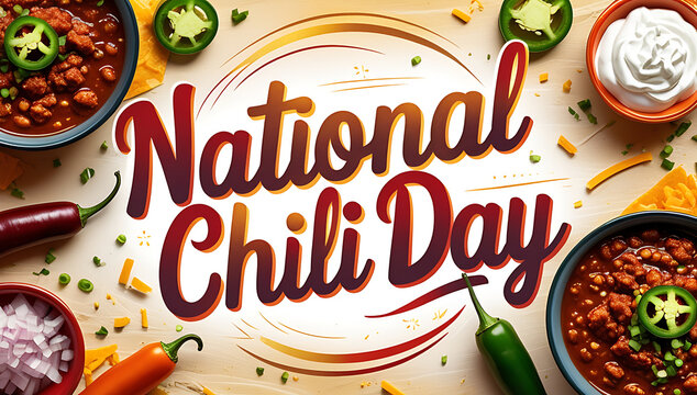 A bold National Chili Day poster with swirling chili peppers and smoky textures, bold retro font, and a chili-laden frame, amber lighting, 4K, HD
