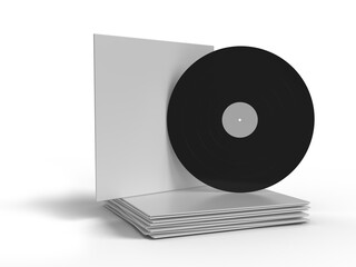 Fototapeta premium Old Vinyl CD Record Cover Package Envelope Template Mockup and stacked sleeves, clean monochrome composition for music branding, album design, record packaging, retro audio concept and copy space.