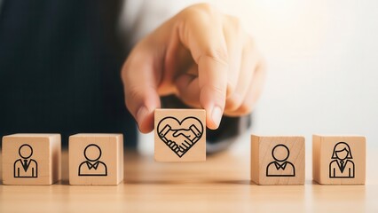Businessperson placing wooden block with handshake in heart with other people blocks