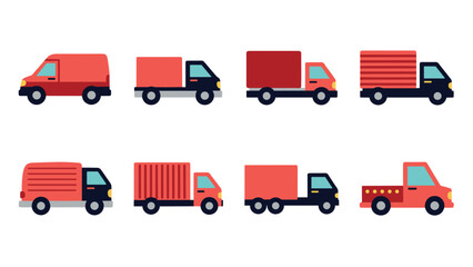Set of flat colorful delivery trucks in a minimalist style