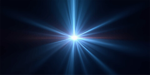 Fototapeta premium Bright blue light beam shining through darkness with radiant streaks