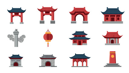 Traditional asian architecture icons set featuring red temple and pagoda designs