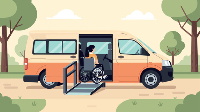 Accessible van in nature setting with wheelchair ramp and woman using mobility aid