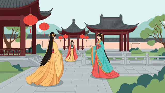 Traditional chinese courtyard scene with women in elegant hanfu dresses