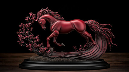 Artistic Red Horse Statue Surrounded by Blossoms and Fans