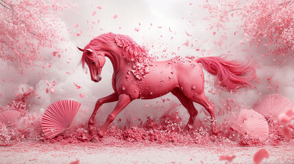 Vivid Red Horse Artwork with Flowers in Dramatic Composition