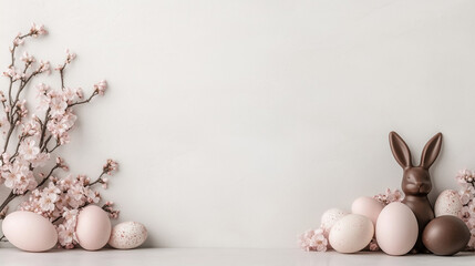 Easter Celebration Scene Featuring Chocolate Bunnies and Blossoms