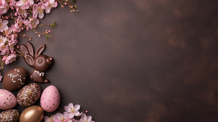 Easter Eggs and Chocolate Rabbits with Blossoms in Spring Scene