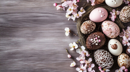 Spring Holiday Composition with Easter Eggs and Chocolate