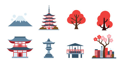 Traditional japanese icons: pagoda, bonsai, and cherry blossoms in flat design