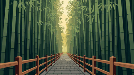 Obraz premium Serene bamboo forest pathway at dawn with wooden fence and lush greenery