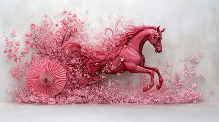 Artistic Red Horse Statue Surrounded by Blossoms and Fans