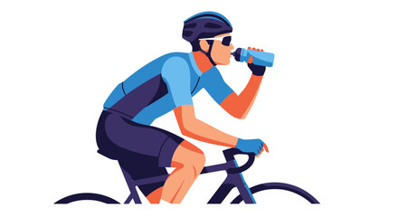 Male cyclist in blue gear drinking water from bottle while riding bicycle illustration.
