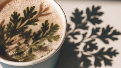 A cup of coffee with fern leaf latte art on the foam and a matching shadow on the surface. Concept Fern Leaf Latte Art, Coffee Shadow, Close-Up Coffee, Morning Brew, Barista Art