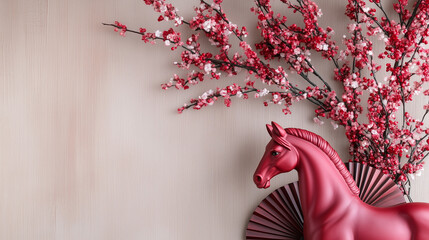 Vibrant Red Horse Statue with Blossoms and Fans in Decorative Scene